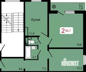 2-к квартира, строящийся дом, 61м2, 8/17 этаж