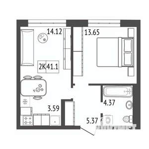 2-к квартира, строящийся дом, 41м2, 15/17 этаж
