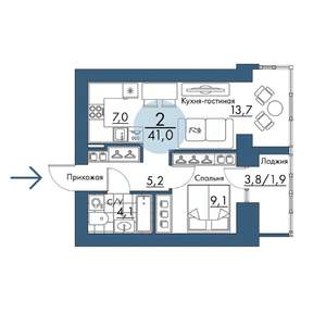2-к квартира, строящийся дом, 41м2, 13/17 этаж