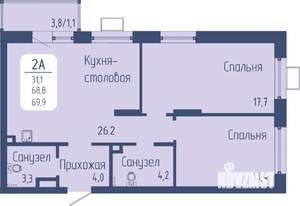2-к квартира, строящийся дом, 70м2, 8/21 этаж