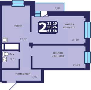 2-к квартира, строящийся дом, 62м2, 21/25 этаж