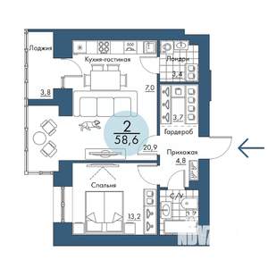 2-к квартира, строящийся дом, 59м2, 15/17 этаж