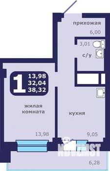 1-к квартира, строящийся дом, 38м2, 12/25 этаж