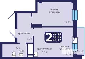 2-к квартира, строящийся дом, 50м2, 20/25 этаж