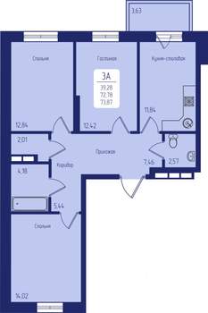 3-к квартира, строящийся дом, 74м2, 2/9 этаж