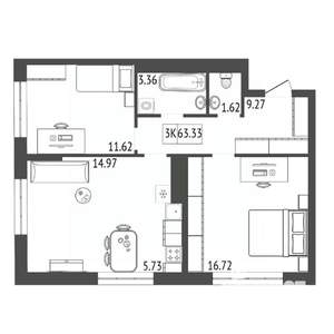 3-к квартира, строящийся дом, 63м2, 13/17 этаж