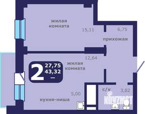 2-к квартира, строящийся дом, 43м2, 2/25 этаж