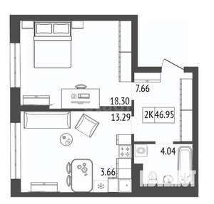 2-к квартира, строящийся дом, 47м2, 4/17 этаж