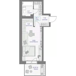 1-к квартира, вторичка, 34м2, 1/16 этаж