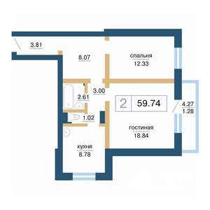 2-к квартира, вторичка, 60м2, 7/17 этаж