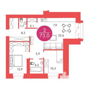 3-к квартира, строящийся дом, 73м2, 2/17 этаж