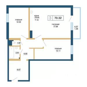 3-к квартира, строящийся дом, 70м2, 8/17 этаж