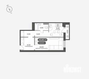 1-к квартира, вторичка, 44м2, 8/17 этаж