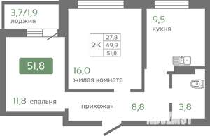 2-к квартира, вторичка, 52м2, 15/19 этаж