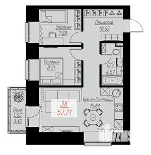 2-к квартира, строящийся дом, 52м2, 9/17 этаж