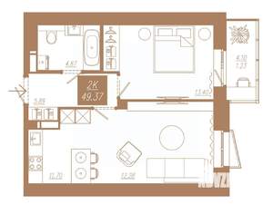 1-к квартира, строящийся дом, 49м2, 20/23 этаж