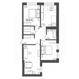 4-к квартира, строящийся дом, 69м2, 12/17 этаж