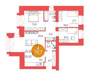 4-к квартира, строящийся дом, 80м2, 2/17 этаж