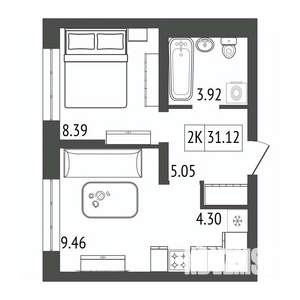 2-к квартира, строящийся дом, 31м2, 8/17 этаж