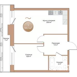 1-к квартира, строящийся дом, 50м2, 5/24 этаж