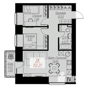 2-к квартира, строящийся дом, 52м2, 13/17 этаж