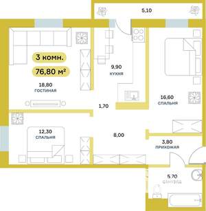 3-к квартира, вторичка, 77м2, 15/17 этаж