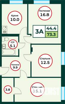 3-к квартира, строящийся дом, 73м2, 1/8 этаж