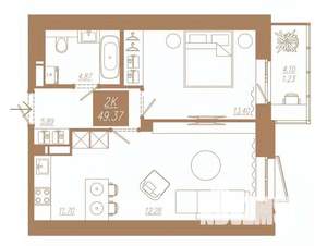 1-к квартира, строящийся дом, 49м2, 2/23 этаж