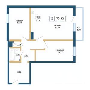 3-к квартира, вторичка, 70м2, 9/17 этаж