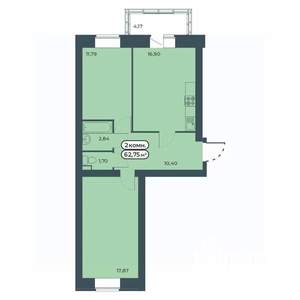 2-к квартира, строящийся дом, 63м2, 1/9 этаж