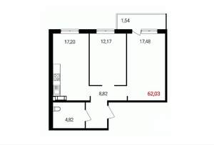 2-к квартира, вторичка, 62м2, 6/18 этаж
