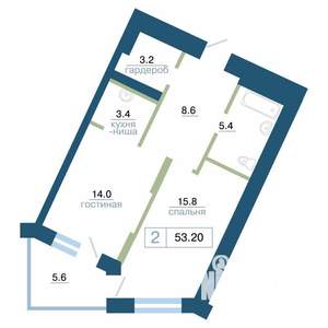 2-к квартира, строящийся дом, 53м2, 14/24 этаж