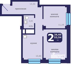 2-к квартира, строящийся дом, 54м2, 1/25 этаж