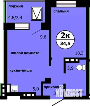 2-к квартира, строящийся дом, 34м2, 9/19 этаж