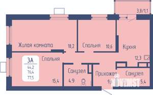 3-к квартира, строящийся дом, 78м2, 15/21 этаж