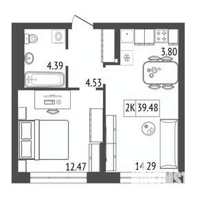 2-к квартира, строящийся дом, 39м2, 15/17 этаж