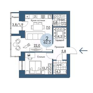 2-к квартира, строящийся дом, 63м2, 14/17 этаж