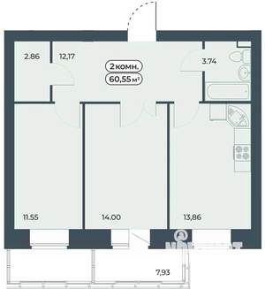 2-к квартира, строящийся дом, 61м2, 3/9 этаж