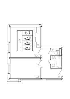 1-к квартира, вторичка, 42м2, 1/17 этаж