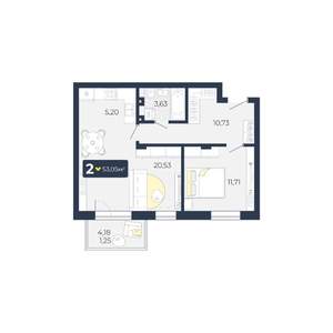 2-к квартира, вторичка, 53м2, 1/5 этаж