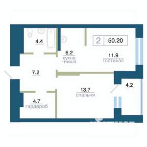 2-к квартира, строящийся дом, 50м2, 21/24 этаж