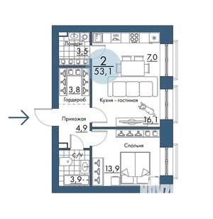 2-к квартира, строящийся дом, 53м2, 2/17 этаж