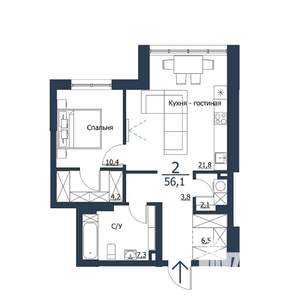 2-к квартира, строящийся дом, 56м2, 17/23 этаж