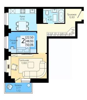 1-к квартира, строящийся дом, 50м2, 15/25 этаж