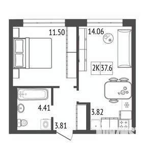 2-к квартира, строящийся дом, 38м2, 17/17 этаж
