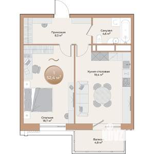 1-к квартира, вторичка, 52м2, 17/24 этаж