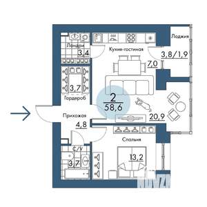 2-к квартира, строящийся дом, 59м2, 6/17 этаж