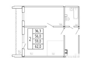 2-к квартира, вторичка, 59м2, 1/17 этаж