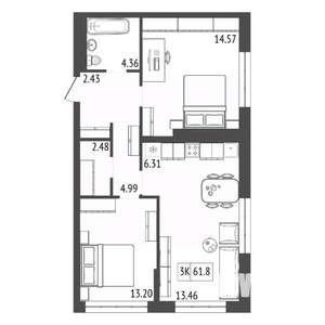3-к квартира, строящийся дом, 62м2, 17/17 этаж