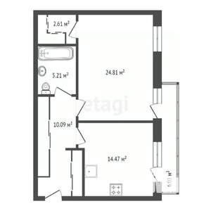 1-к квартира, вторичка, 59м2, 2/8 этаж